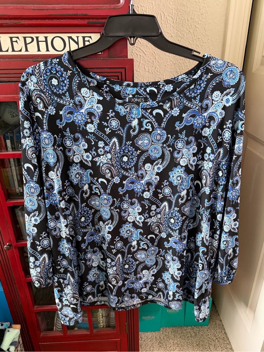 Jones New York 3X Black Blue Paisley Print 3/4 Sleeve Top Plus Size